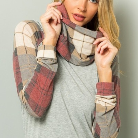 Cowl neck plaid/grey block color long sleeve top - Picture 2 of 7